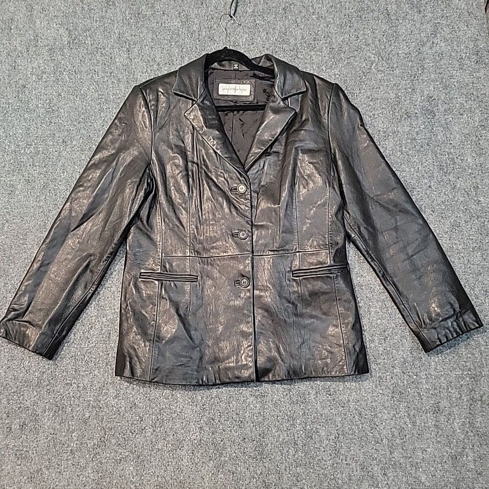 Jones New York Black 100% Genuine Leather L Blazer Jacket Coat Collared Lined